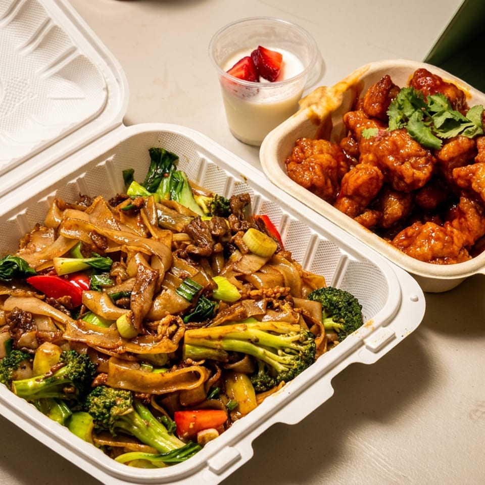 Takeout containers hold stir-fried noodles with vegetables, glazed orange chicken, and a small dessert topped with strawberries.