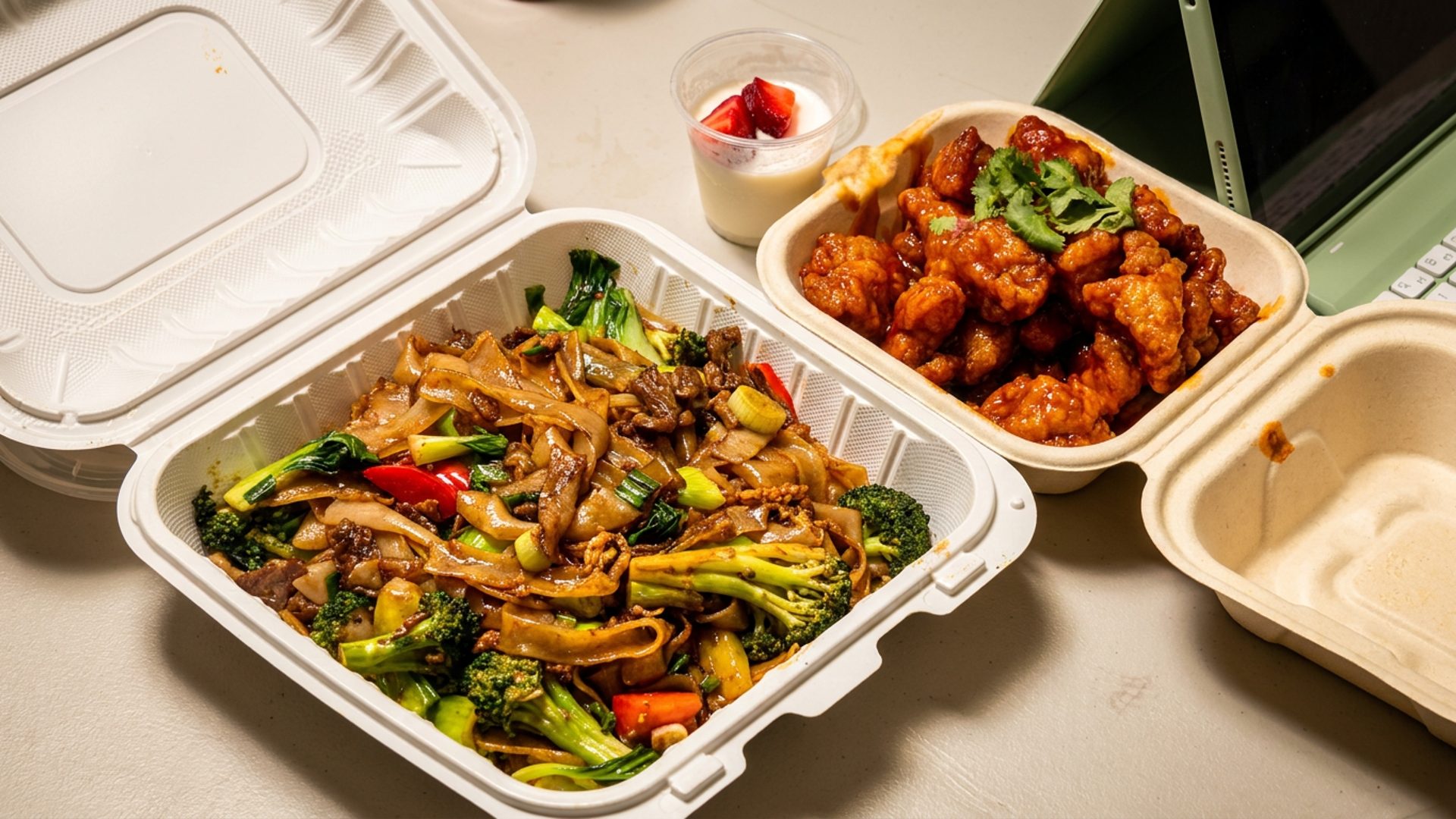 Beef chow fun, dumplings, noodle soups
