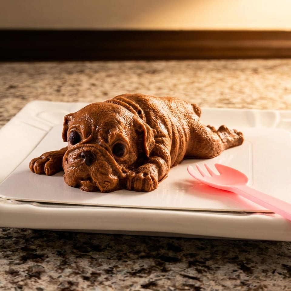 Chocolate dog-shaped dessert on a white plate with a pink spoon atop a granite countertop.