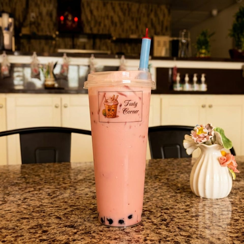 Pink bubble tea with tapioca pearls and blue straw on a granite table, with a flower vase and café counter behind.