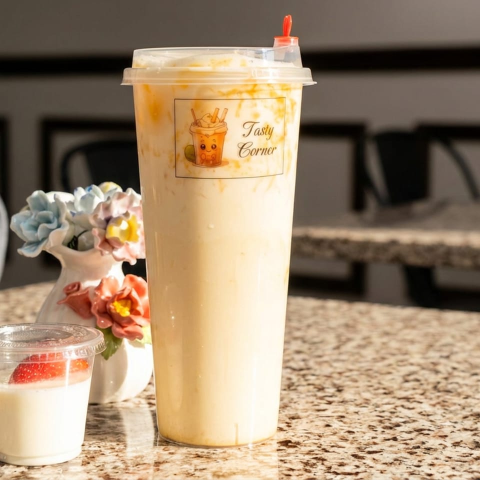 Creamy iced drink and small strawberry-topped dessert displayed on a sunlit restaurant counter beside a flower vase.