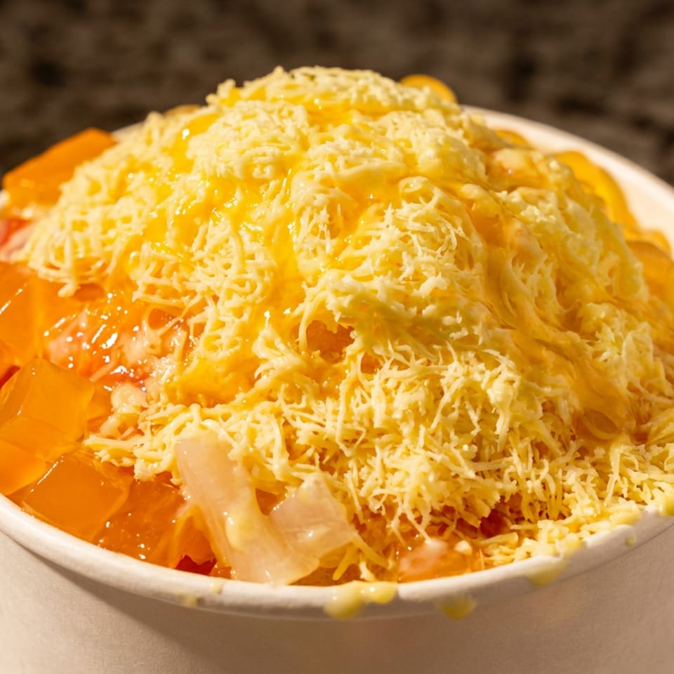 A paper cup holds orange gelatin dessert topped with shredded yellow cheese and glossy syrup.