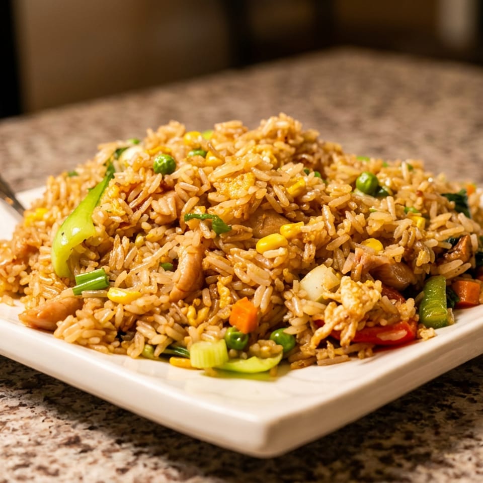 Plate of savory fried rice with mixed vegetables and egg, served with red dipping sauce on a granite countertop.