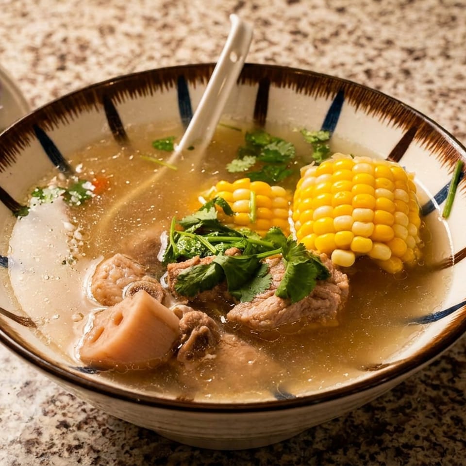 Bowl of clear broth soup with pork, corn, lotus root, mushrooms, and cilantro on a speckled countertop.