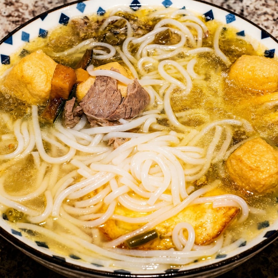 Bowl of noodle soup with sliced beef, tofu, vegetables, and chopsticks resting on a speckled countertop.