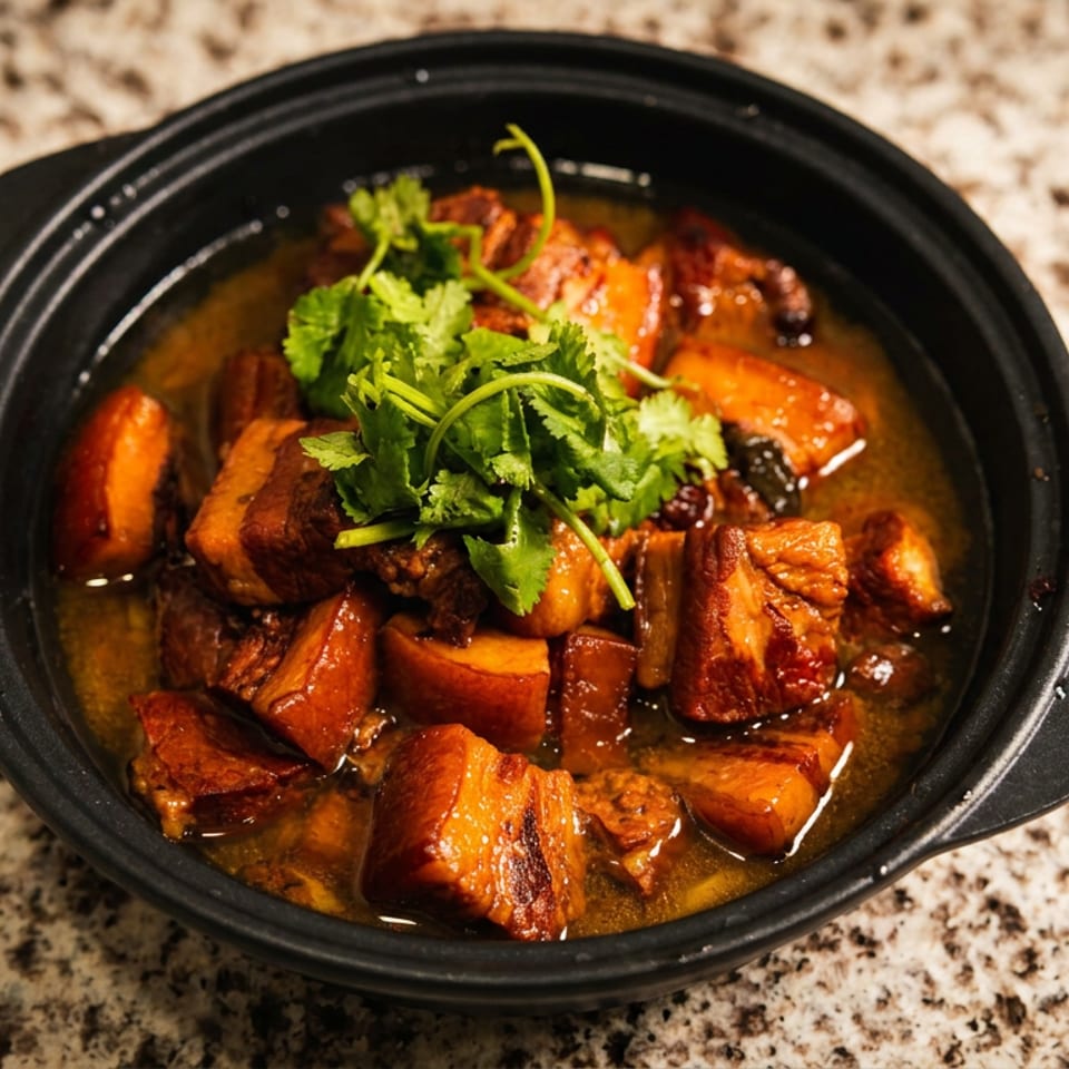 Braised pork belly chunks in glossy sauce, garnished with fresh cilantro in a black bowl on a speckled countertop.