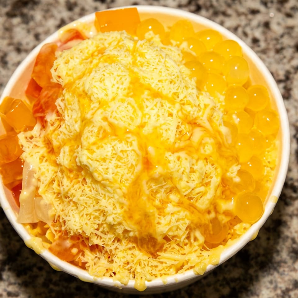Overhead view of a dessert bowl topped with shredded cheese, orange syrup, translucent jelly cubes, and fruit on a granite countertop.
