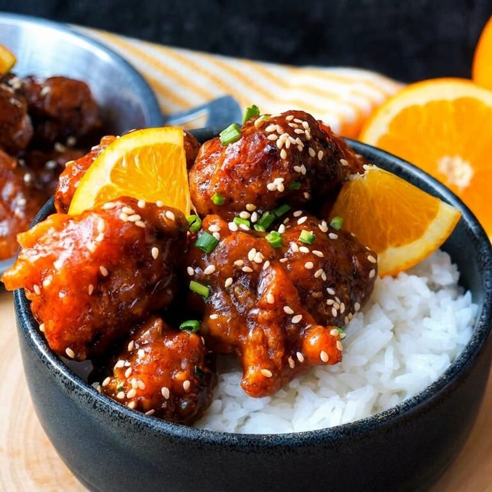 Glazed sesame chicken meatballs over white rice, garnished with green onions and orange wedges, with extra meatballs and oranges behind.