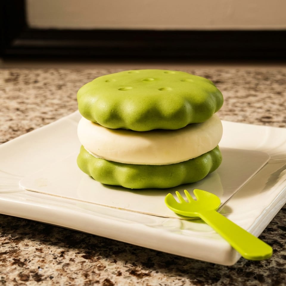 Green and white layered dessert resembling a burger, served on a square plate with a lime-green fork.