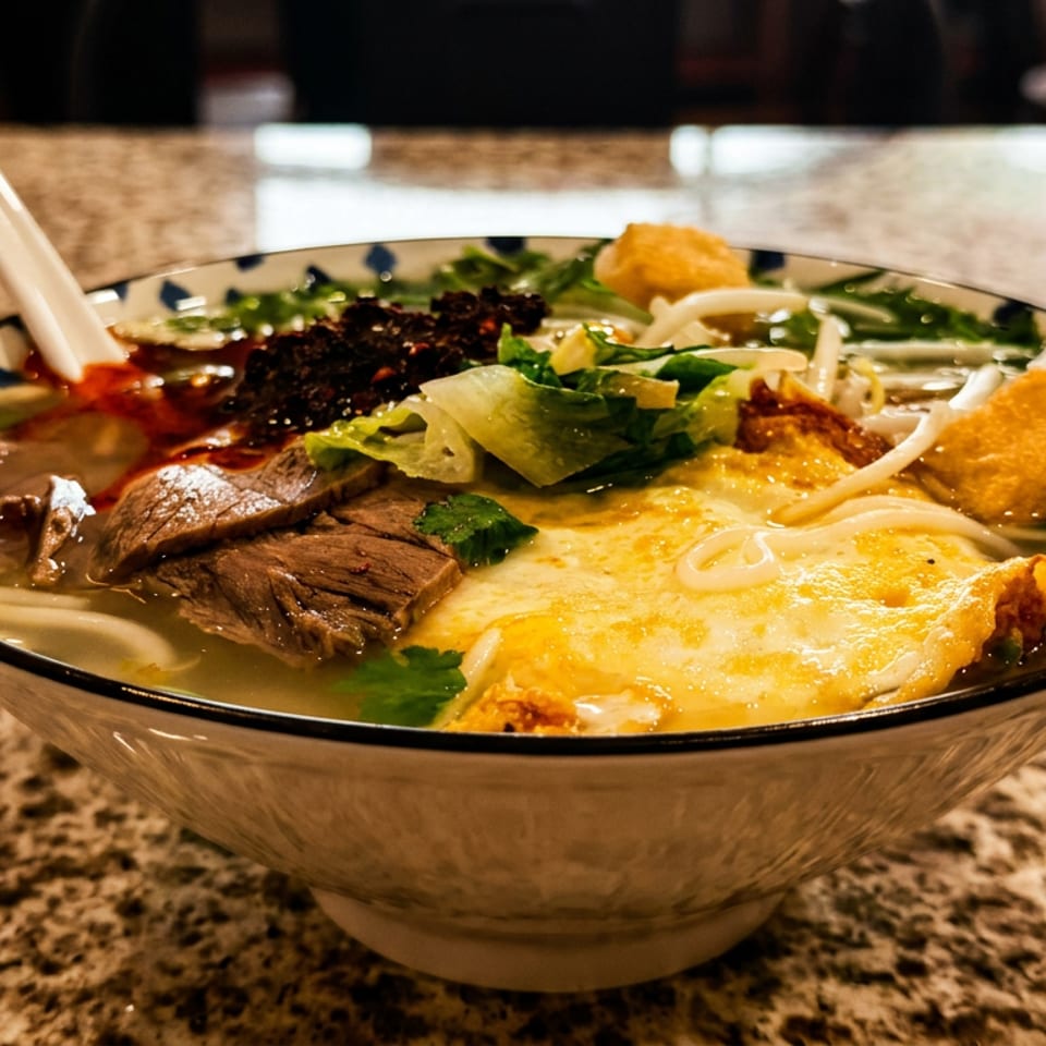 Bowl of noodle soup topped with sliced beef, greens, mushrooms, bean sprouts, fried tofu, and a white spoon on a granite counter.